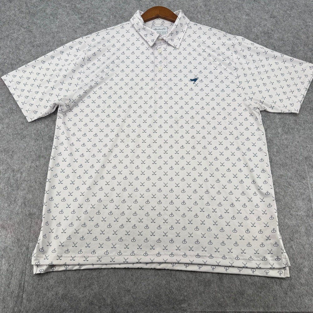 American Fit Mens XL Golf Polo Shirt White Navy Blue Clubs Print Performance Tee